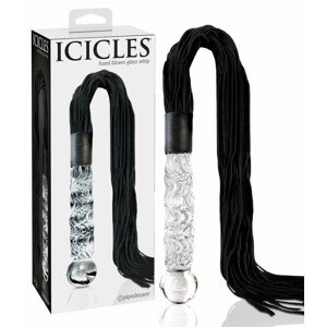 Icicles No. 38 - kožený šlehač, zvlněné skleněné dildo (průsvitně černé)
